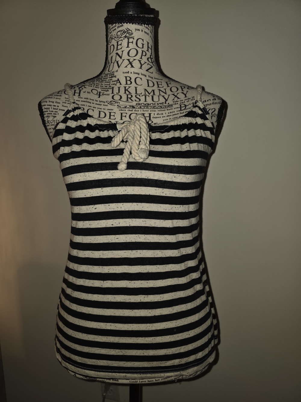 L8teR Black & White Striped Rope-Accent Tank Top